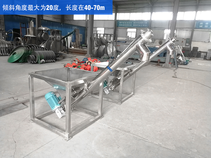 GX型絞龍輸送機傾斜角度最大為20度，長度在40-70m